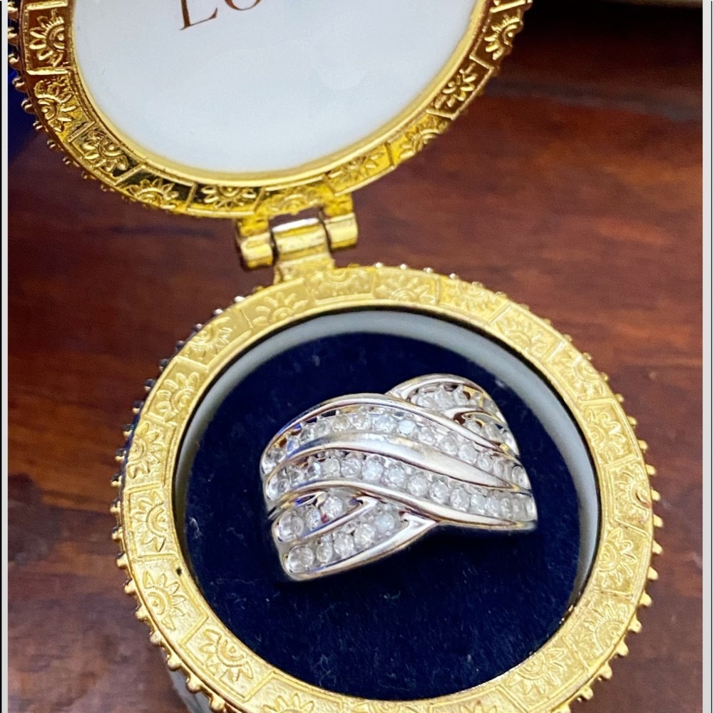 Zales Silver-Tone Wave Band Ring with Clear Stones